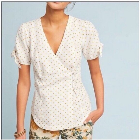 Anthropologie Tops - Anthropologie Maeve linen blend yellow polka dot knotted sleeves wrap top Size 4